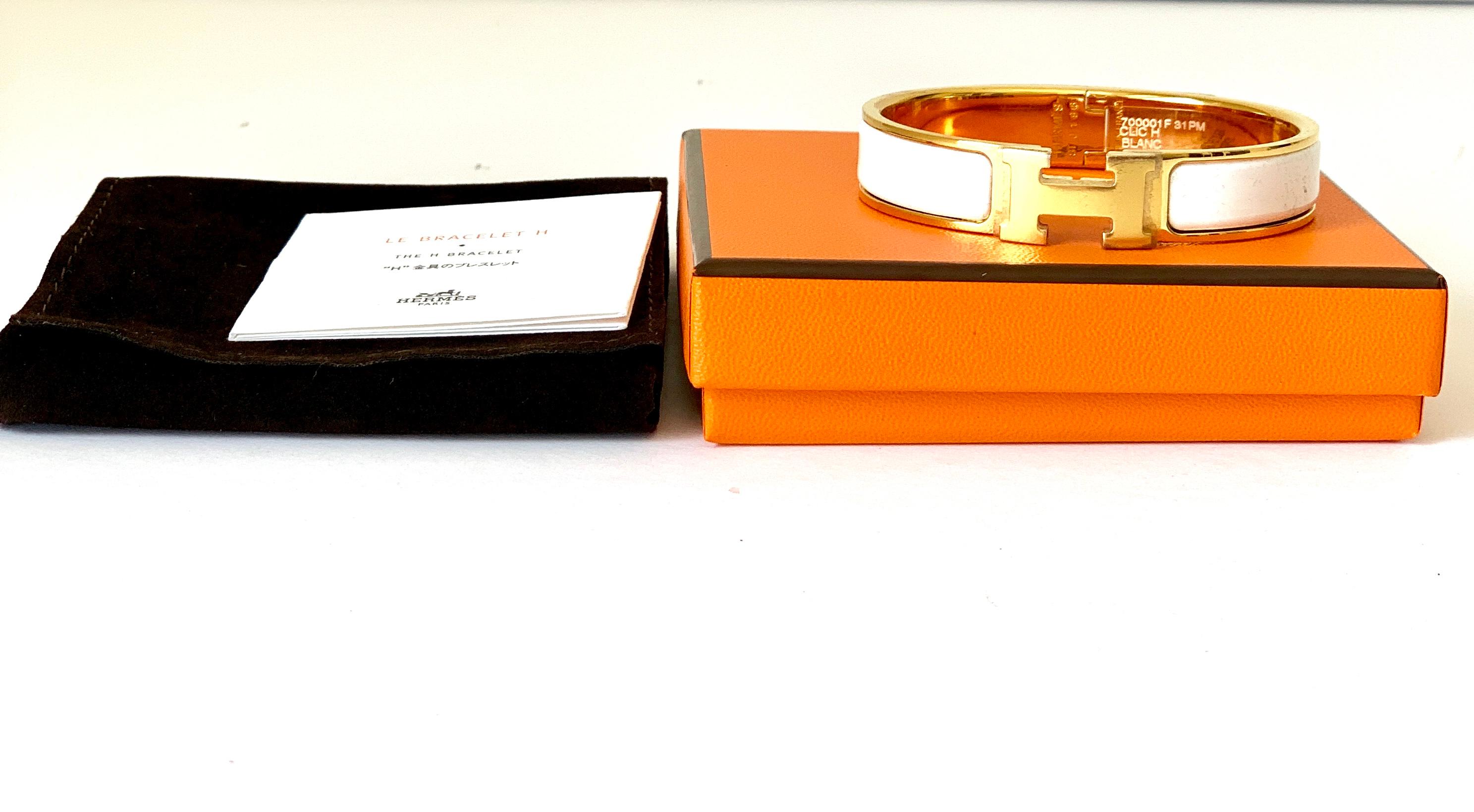 Women's or Men's Hermes Clic H Enamel Bangle Bracelet White with Yellow Gold PM