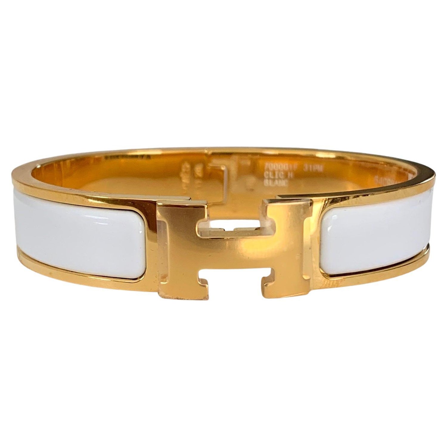Hermes Clic H Enamel Bangle Bracelet White with Yellow Gold PM at 1stDibs