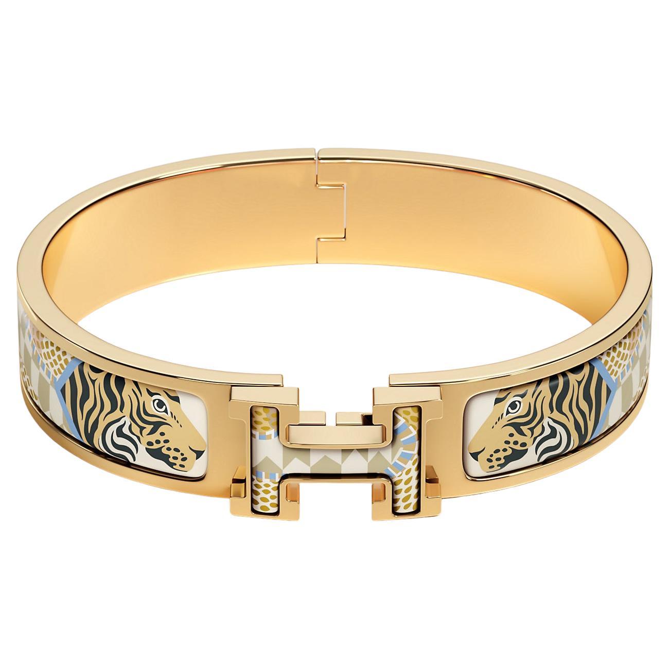 Hermes Clic H F Lanternes Ballons Esmalte Chapado en Oro Pulsera GM