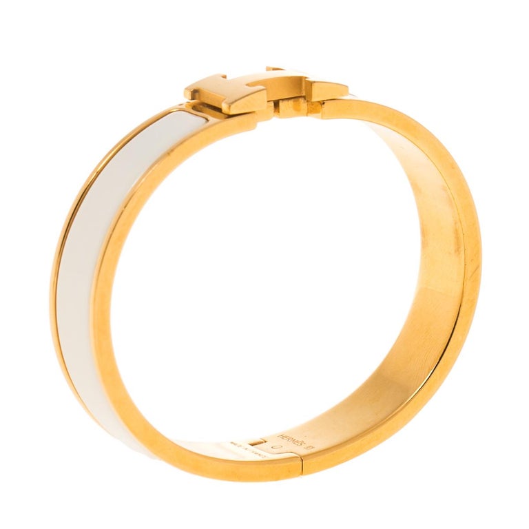 Women's Hermes Clic H Gold Plate White Enamel Cuff Bracelet PM