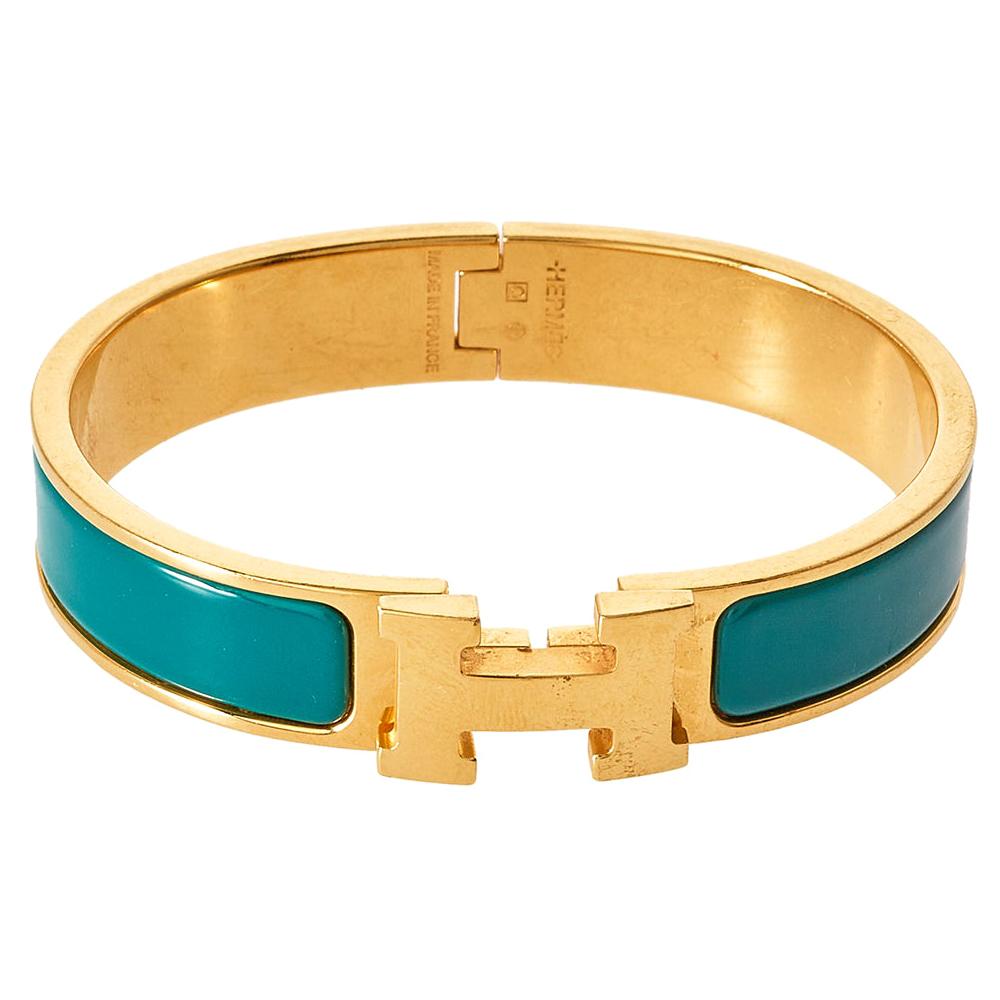 Hermès Clic H Green Enamel Gold Plated Narrow Bracelet PM