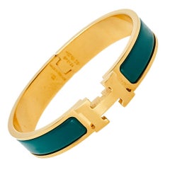 Hermès Clic H Green Enamel Gold Plated Narrow Bracelet PM