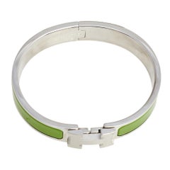 Hermès Clic H Green Enamel Palladium Plated Narrow Bracelet