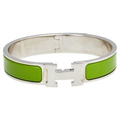 Hermès Clic H Green Enamel Palladium Plated Narrow Bracelet