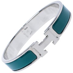 Hermes Clic H Green Enamel Palladium Plated Narrow Bracelet GM