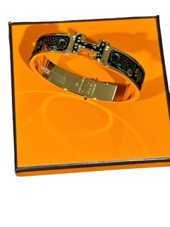 Hermes Clic H Les Leopards Bracelet Printed Black Enamel Gold PM