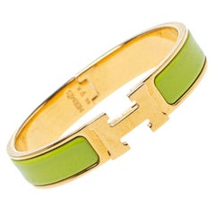 Hermès Clic H Lime Green Enamel Gold Plated Narrow Bracelet PM