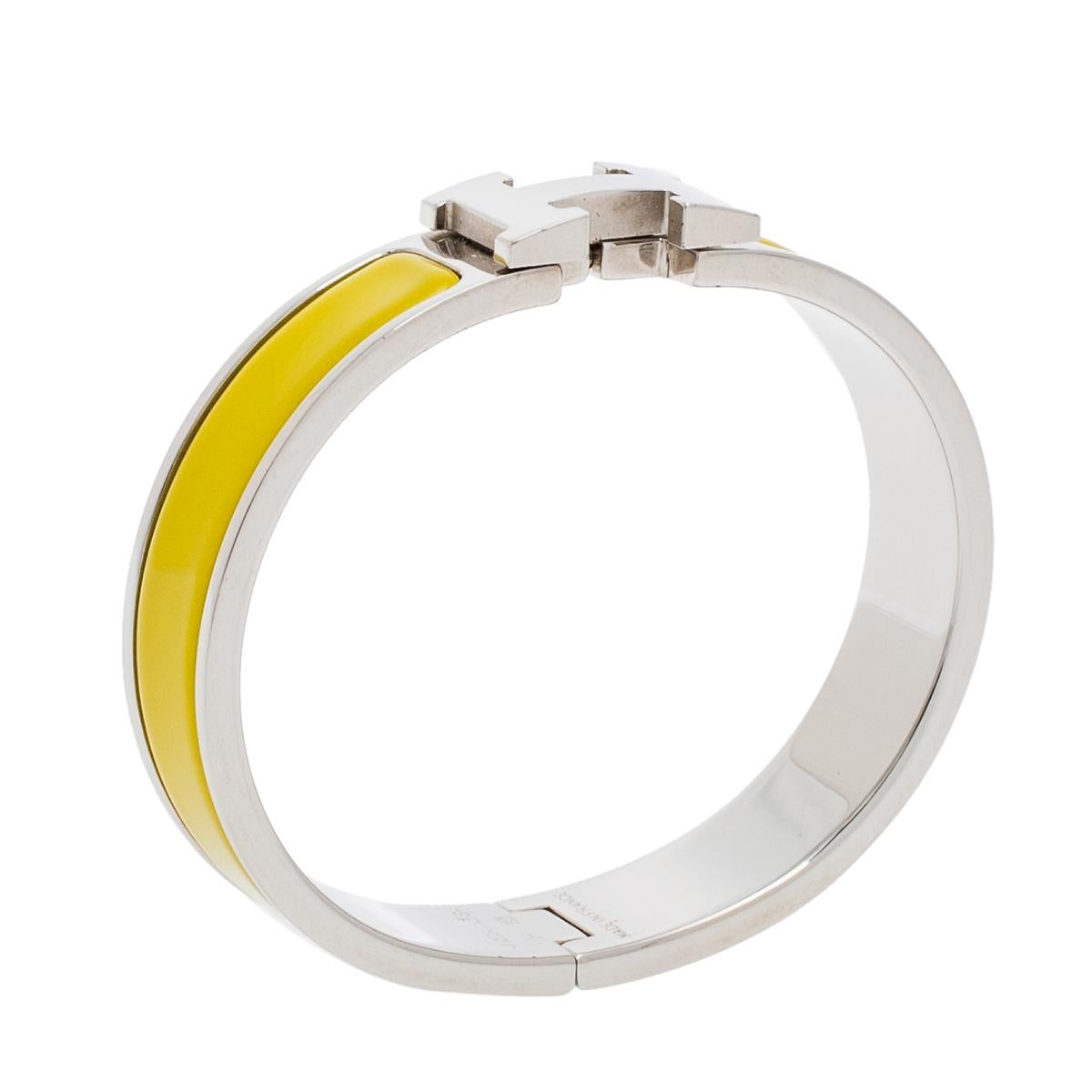 Contemporary Hermès Clic H Lime Yellow Enamel Palladium Plated Narrow Bracelet PM