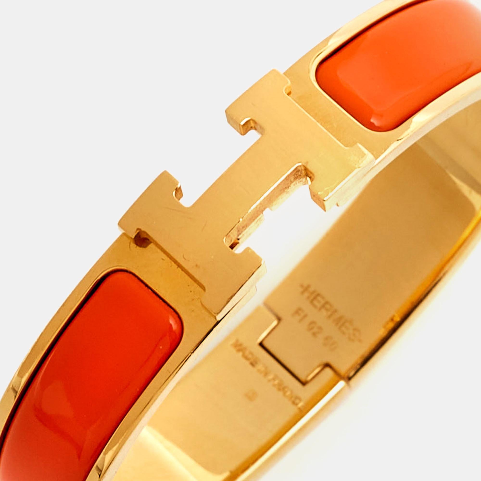 Aesthetic Movement Hermes Clic H Orange Enamel Gold Plated Bracelet