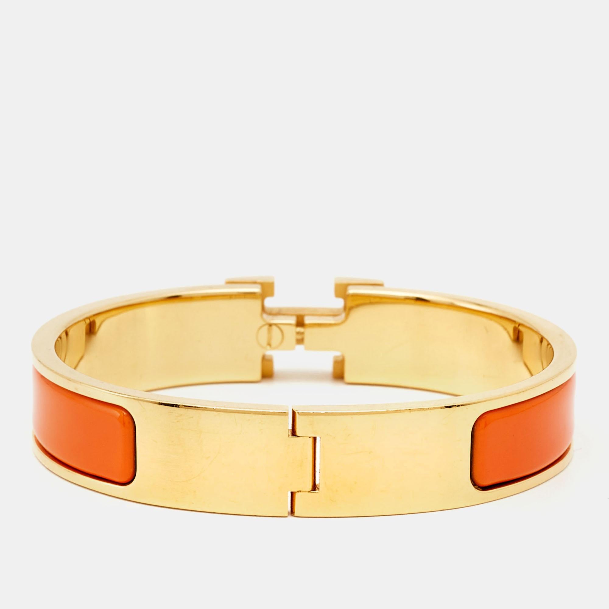 Women's Hermes Clic H Orange Enamel Gold Plated Bracelet