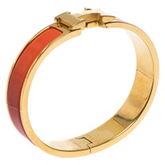 Hermes Clic H Orange Enamel Gold Plated Narrow Bracelet PM