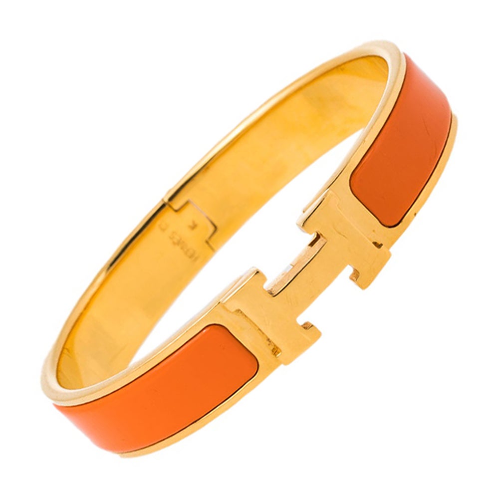 Hermès Clic H Orange Enamel Gold Plated Narrow Bracelet PM
