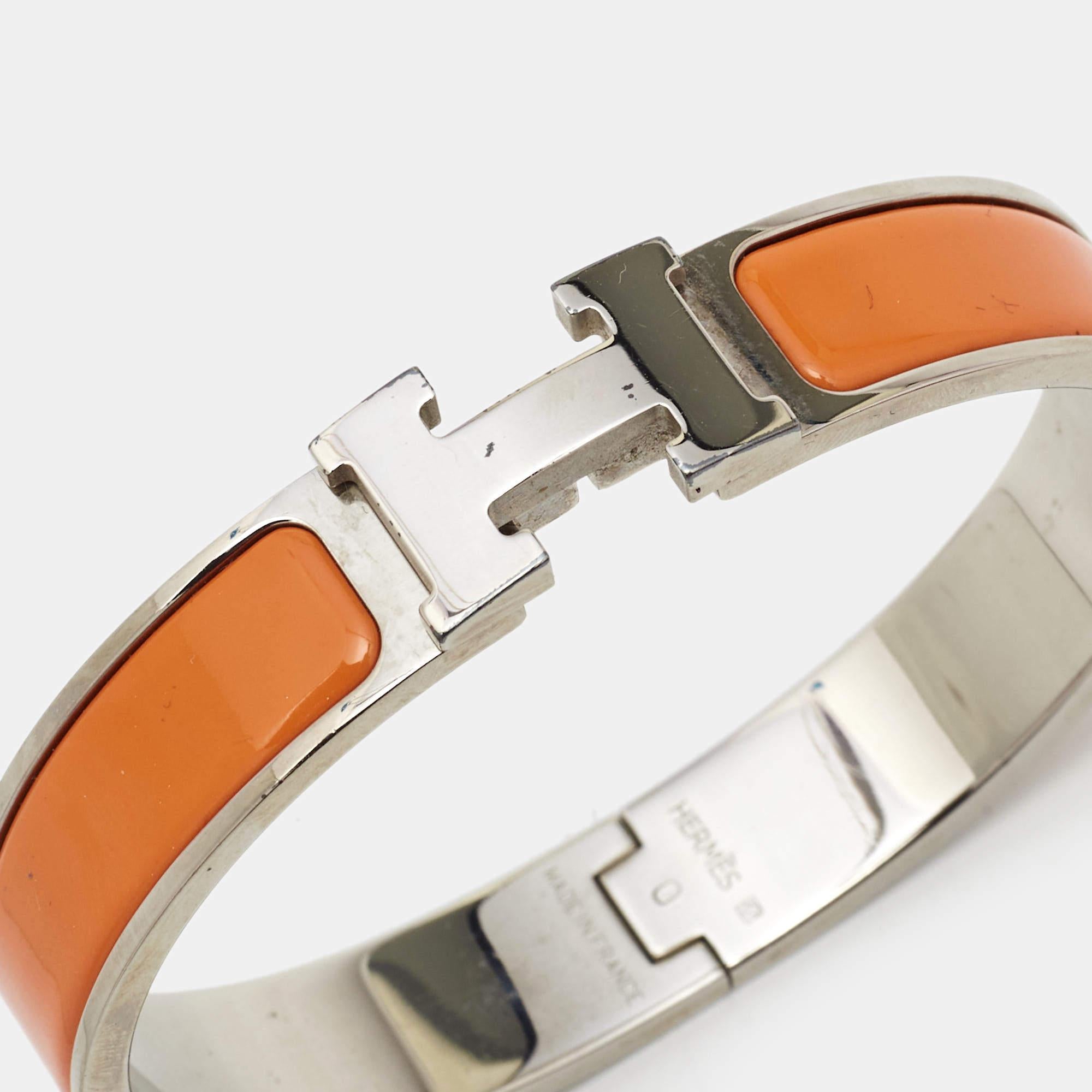 Aesthetic Movement Hermes Clic H Orange Enamel Palladium Plated Narrow Bracelet