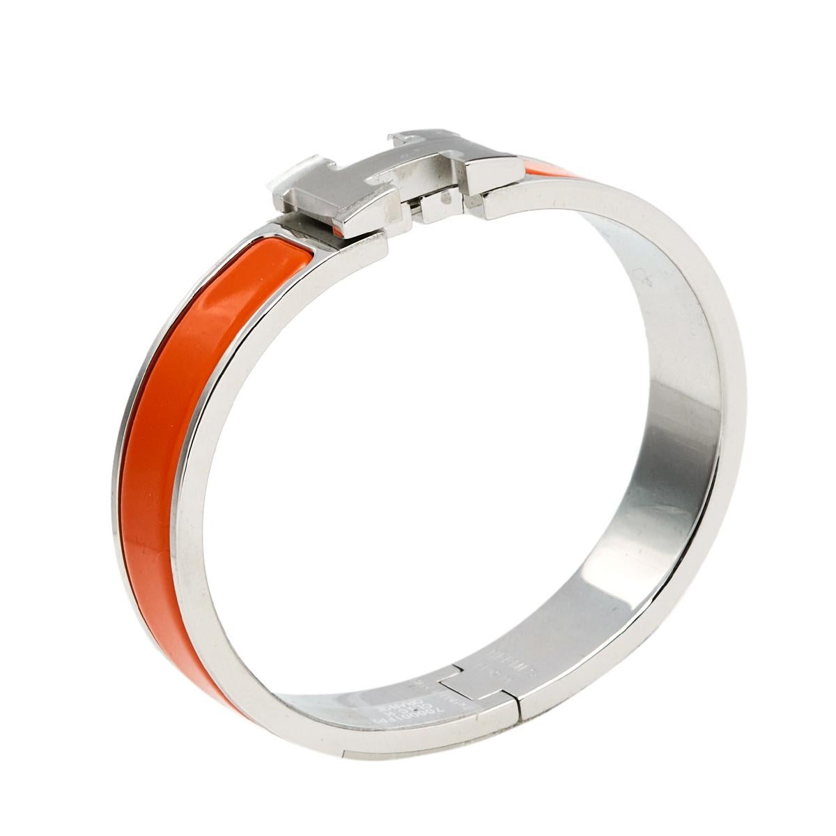 Contemporary Hermès Clic H Orange Enamel Palladium Plated Narrow Bracelet