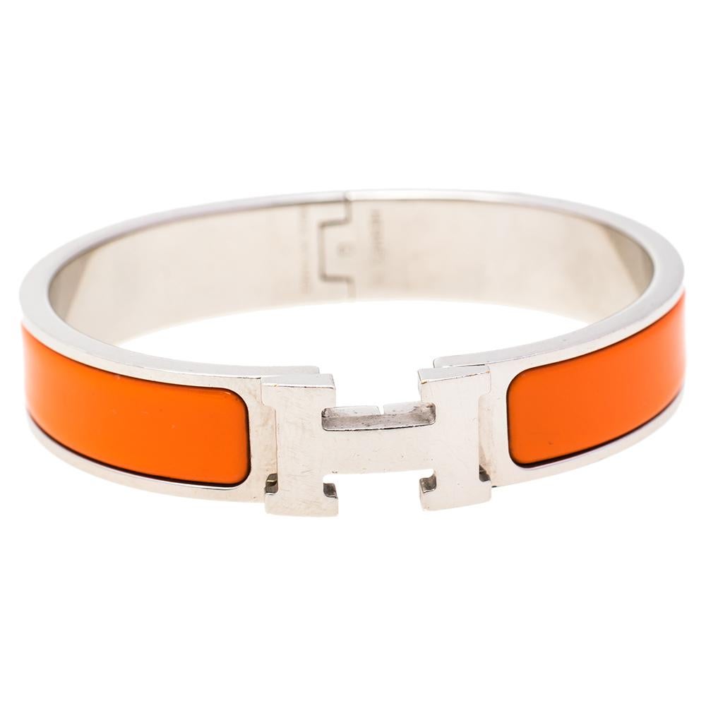Contemporary Hermès Clic H Orange Enamel Palladium Plated Narrow Bracelet PM