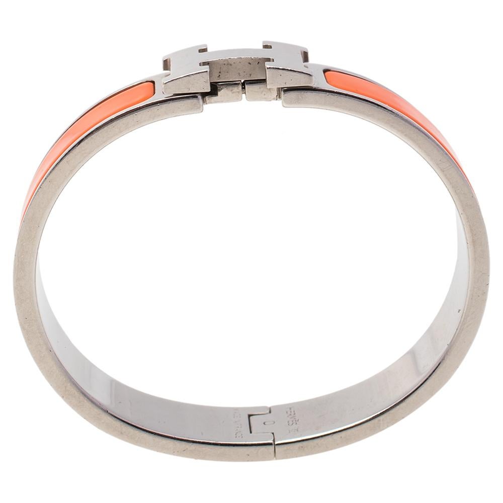 Hermès Clic H Orange Enamel Palladium Plated Narrow Bracelet PM 1