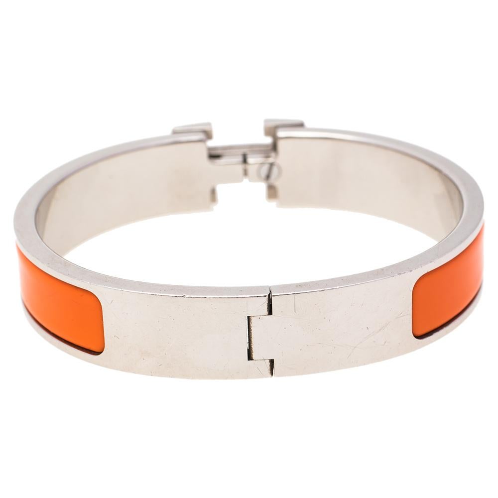 Hermès Clic H Orange Enamel Palladium Plated Narrow Bracelet PM 2