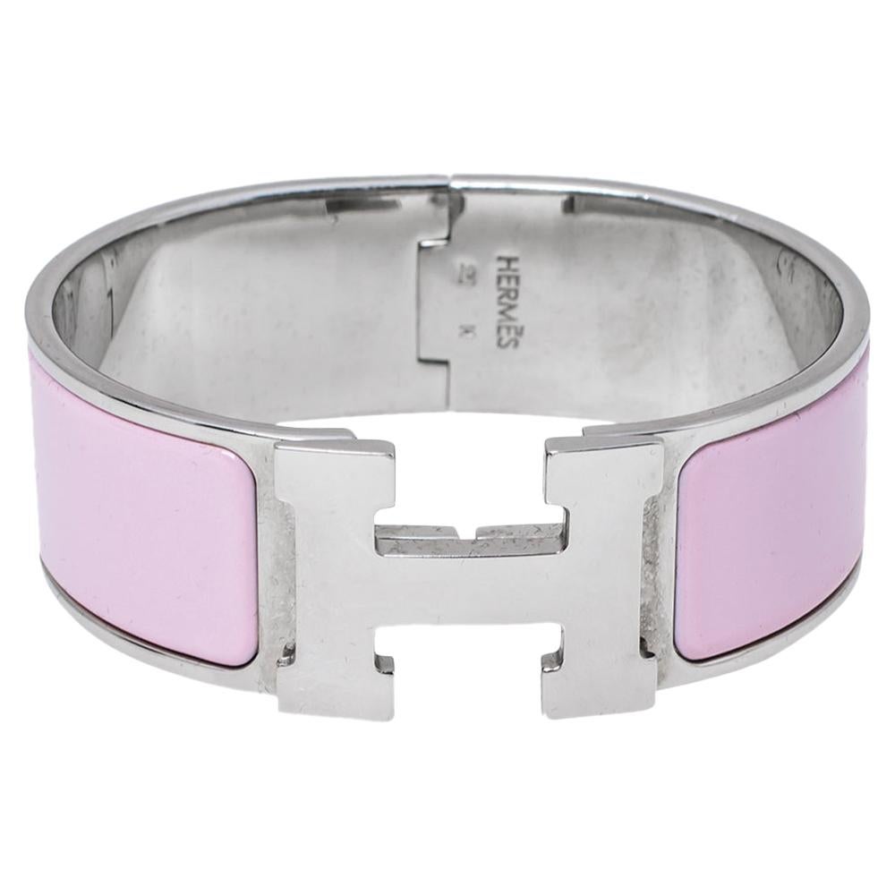 Hermès Clic H Pink Enamel Palladium Plated Narrow Bracelet PM