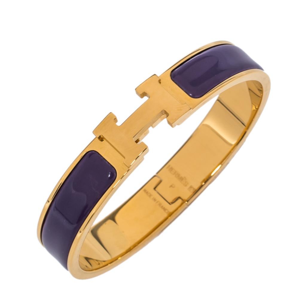 Contemporary Hermès Clic H Purple Enamel Gold Plated Narrow Bracelet PM
