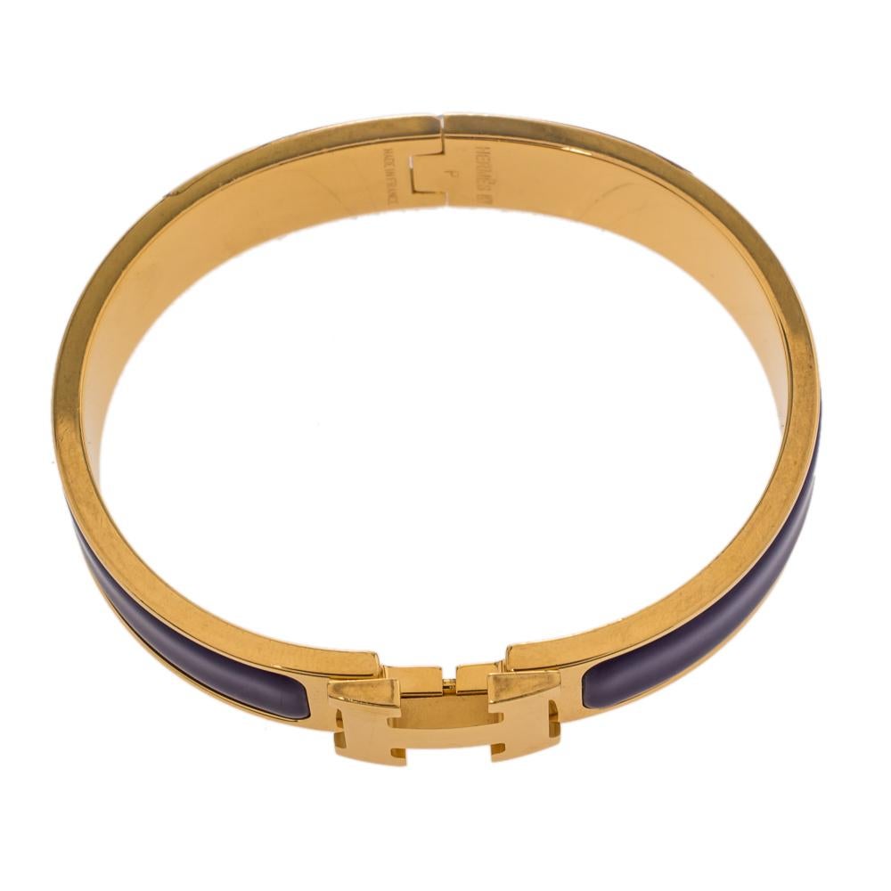 Women's Hermès Clic H Purple Enamel Gold Plated Narrow Bracelet PM