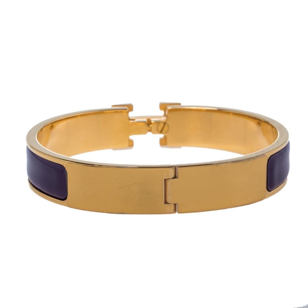 Hermès Clic H Purple Enamel Gold Plated Narrow Bracelet PM 1