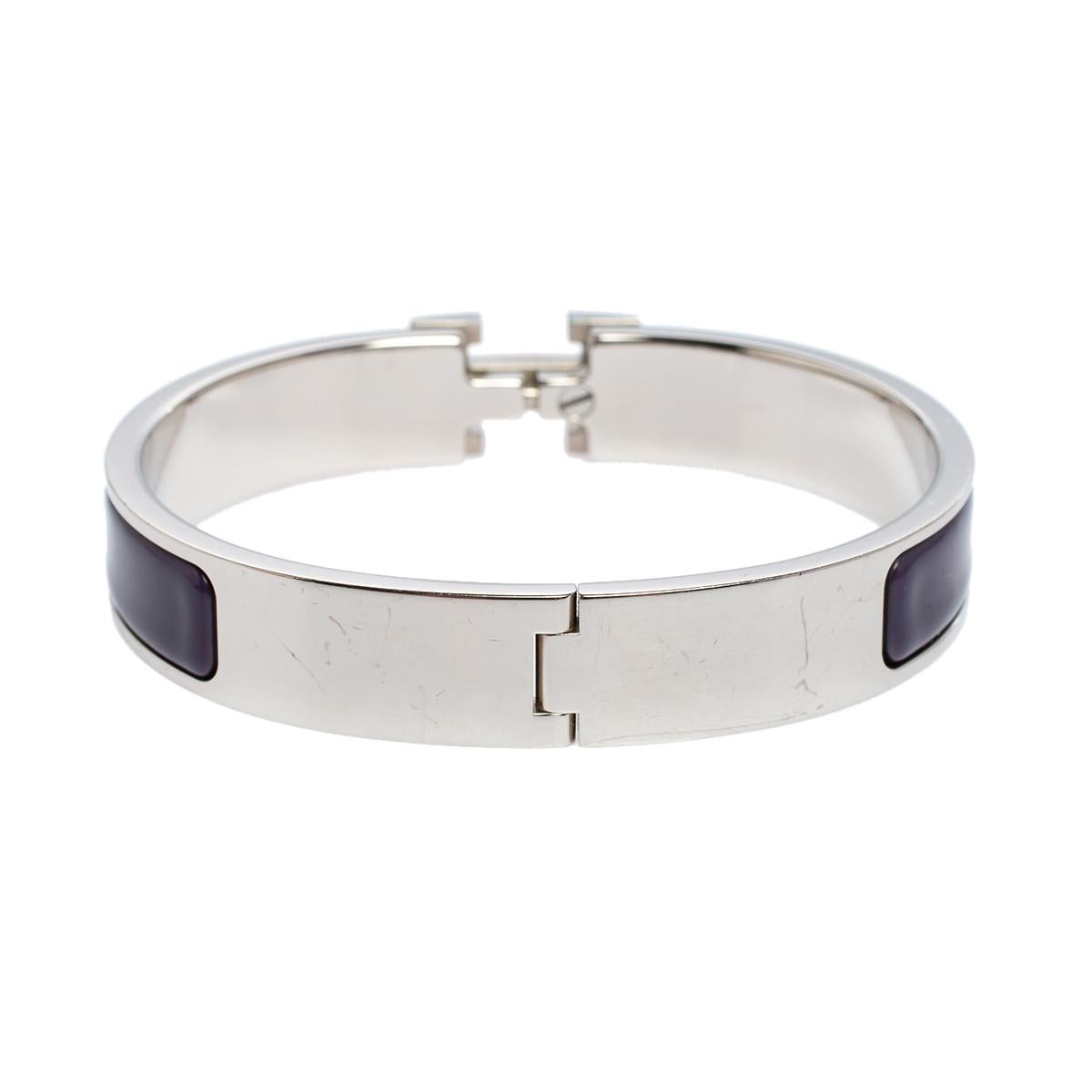 Women's Hermès Clic H Purple Enamel Palladium Plated Narrow Bracelet PM