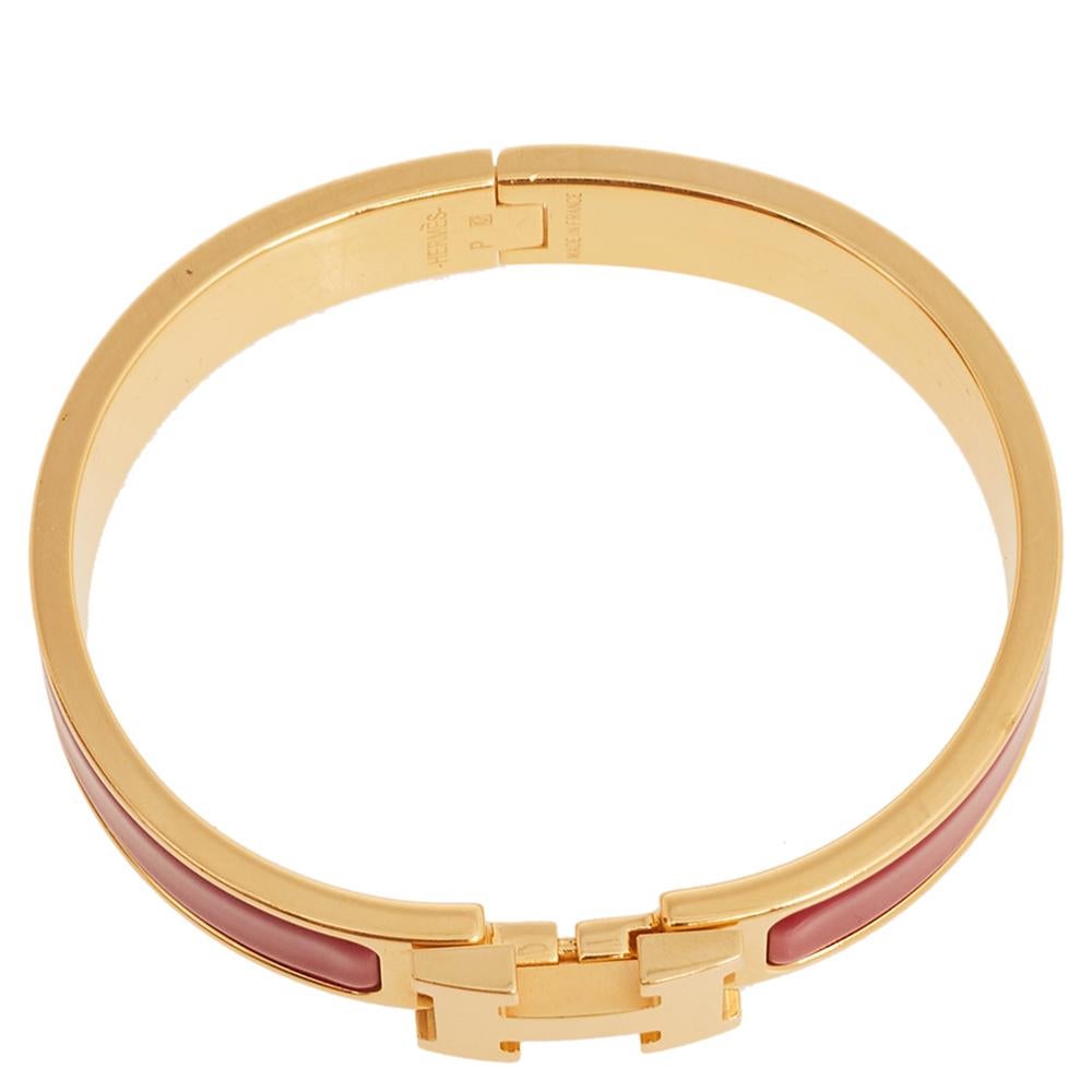 Contemporary Hermès Clic H Red Enamel Gold Plated Narrow Bracelet