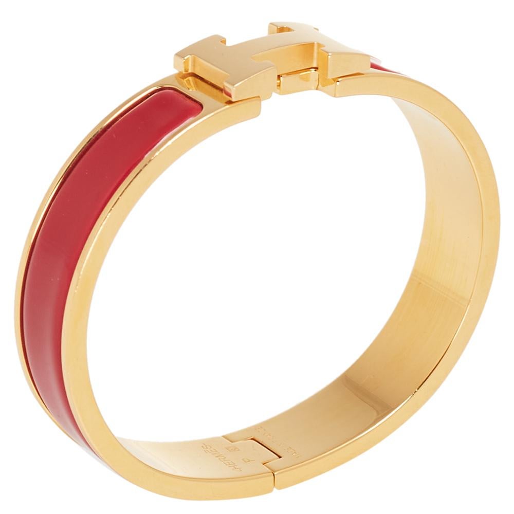 Hermès Clic H Red Enamel Gold Plated Narrow Bracelet In Good Condition In Dubai, Al Qouz 2