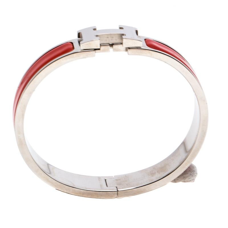 Hermès Clic H Red Enamel Palladium Plated Narrow Bracelet PM In Good Condition In Dubai, Al Qouz 2