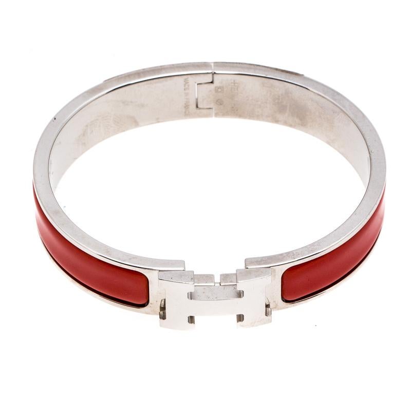 Hermès Clic H Red Enamel Palladium Plated Narrow Bracelet PM 1