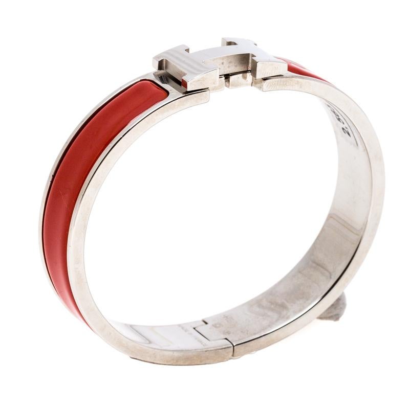Hermès Clic H Red Enamel Palladium Plated Narrow Bracelet PM 2