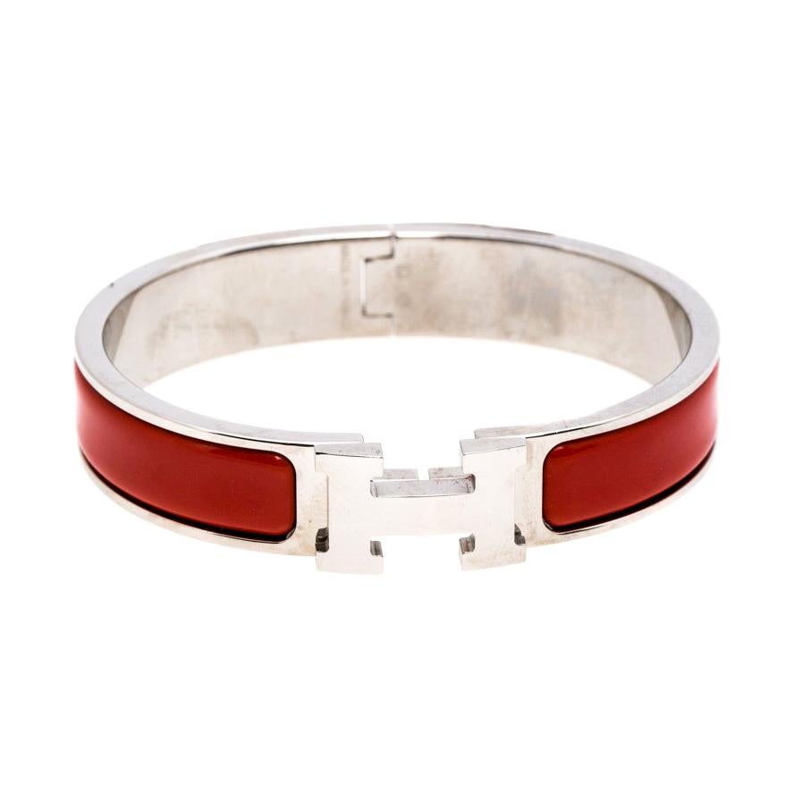 Hermès Clic H Red Enamel Palladium Plated Narrow Bracelet PM