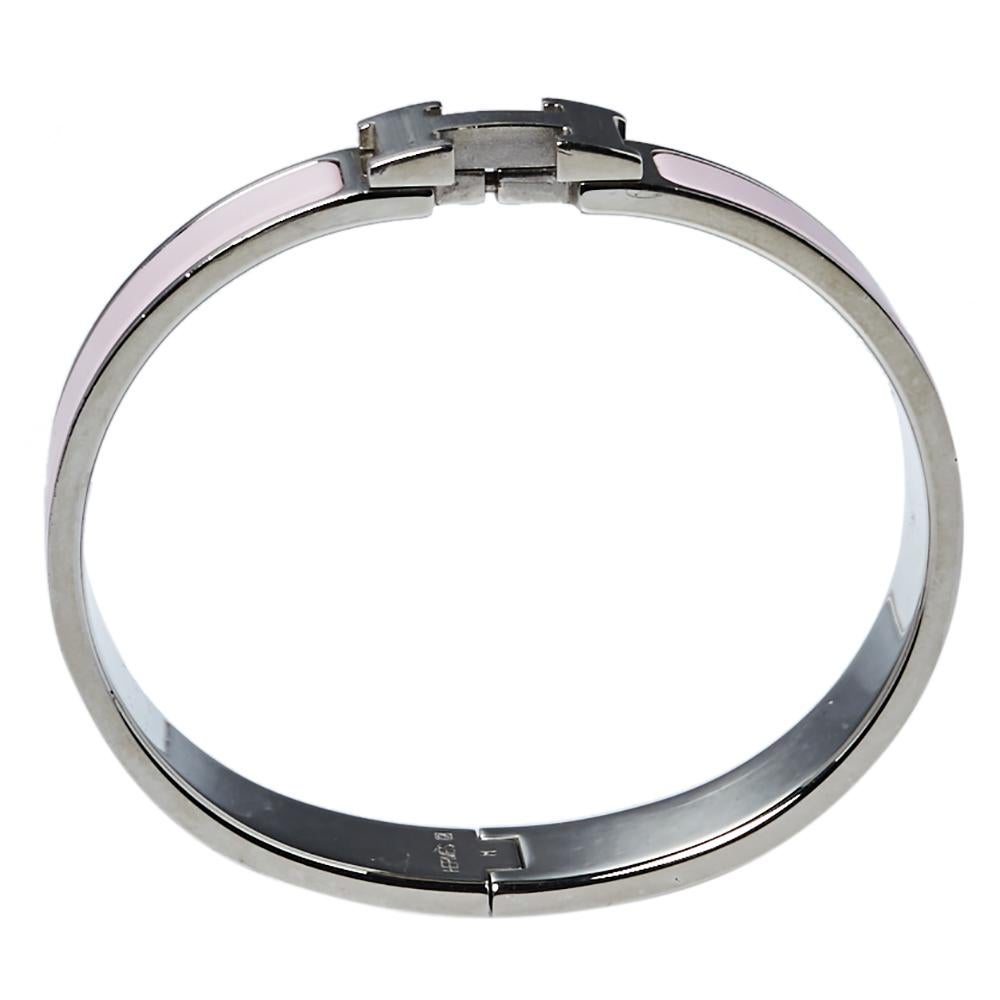 Hermès Clic H Rose Cassata Enamel Palladium Plated Narrow Bracelet PM In Fair Condition In Dubai, Al Qouz 2