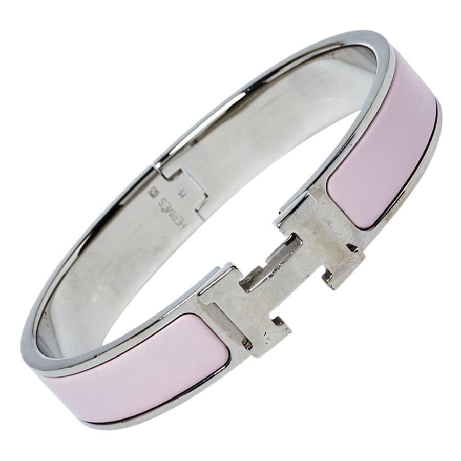 Hermès Clic H Rose Cassata Enamel Palladium Plated Narrow Bracelet PM