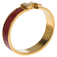 Hermes Clic H Rouge Enamel Gold Plated Narrow Bracelet PM