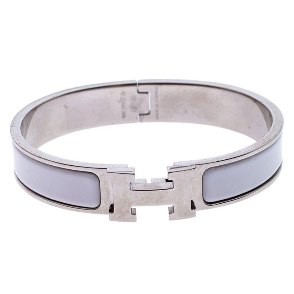 Contemporary Hermès Clic H White Enamel Palladium Plated Narrow Bracelet GM