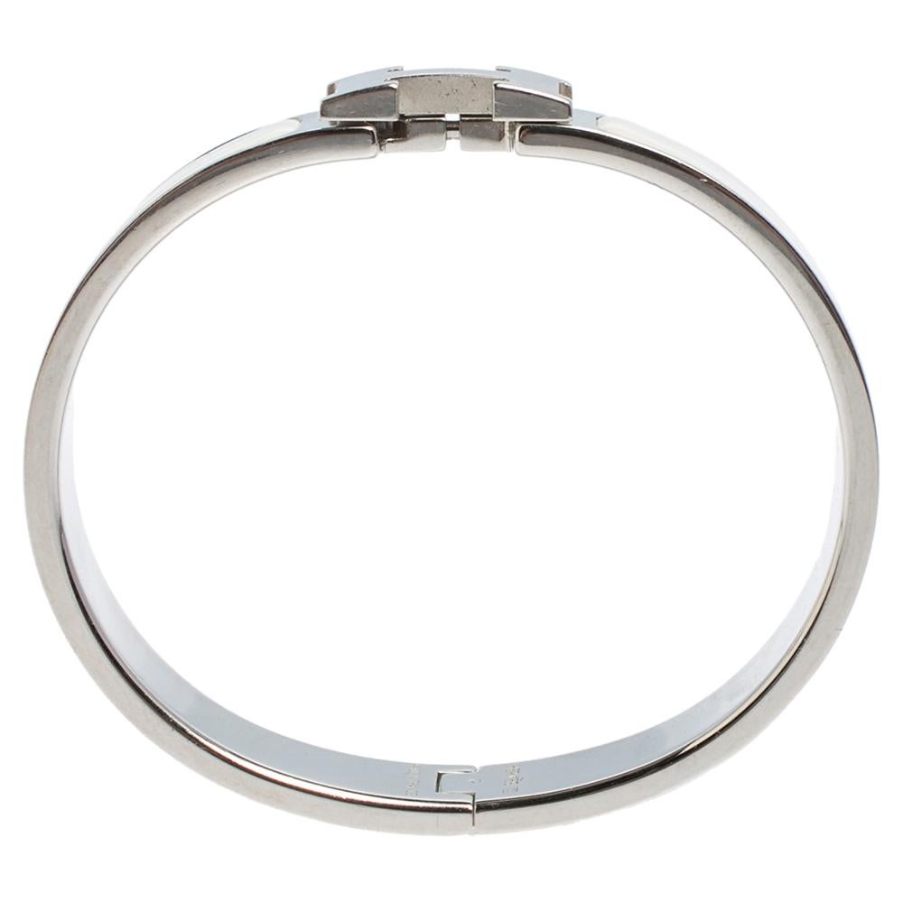 Contemporary Hermès Clic H White Enamel Palladium Plated Narrow Bracelet PM