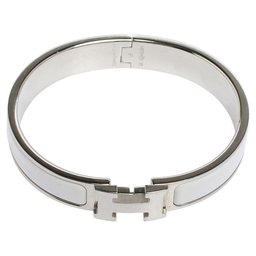 Hermès Clic H White Enamel Palladium Plated Narrow Bracelet PM In Good Condition In Dubai, Al Qouz 2