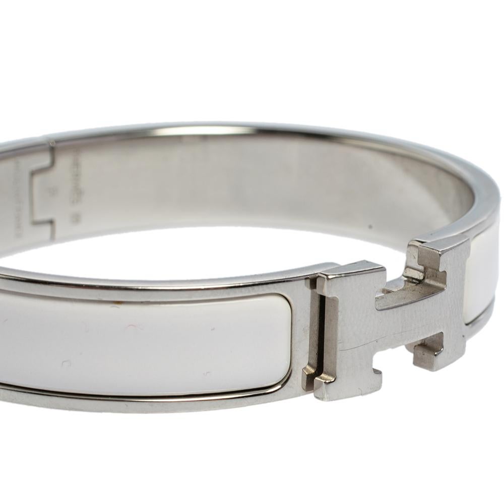 Women's Hermès Clic H White Enamel Palladium Plated Narrow Bracelet PM
