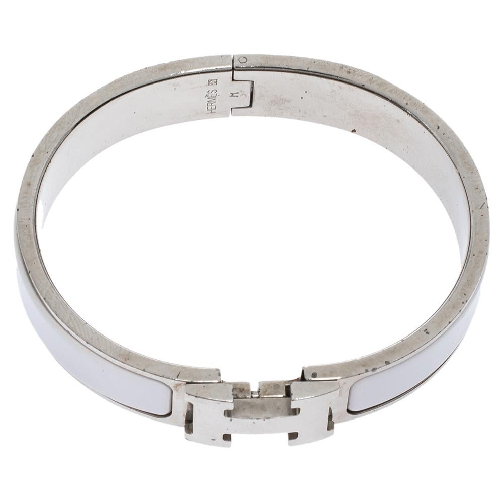 Hermes Clic H White Enamel Palladium Plated Narrow Bracelet PM In Good Condition In Dubai, Al Qouz 2