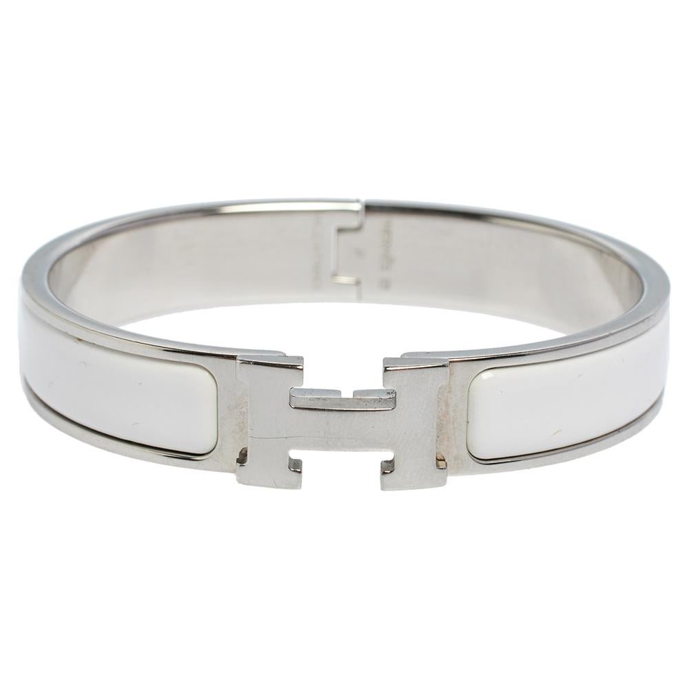 Hermès Clic H White Enamel Palladium Plated Narrow Bracelet PM 2