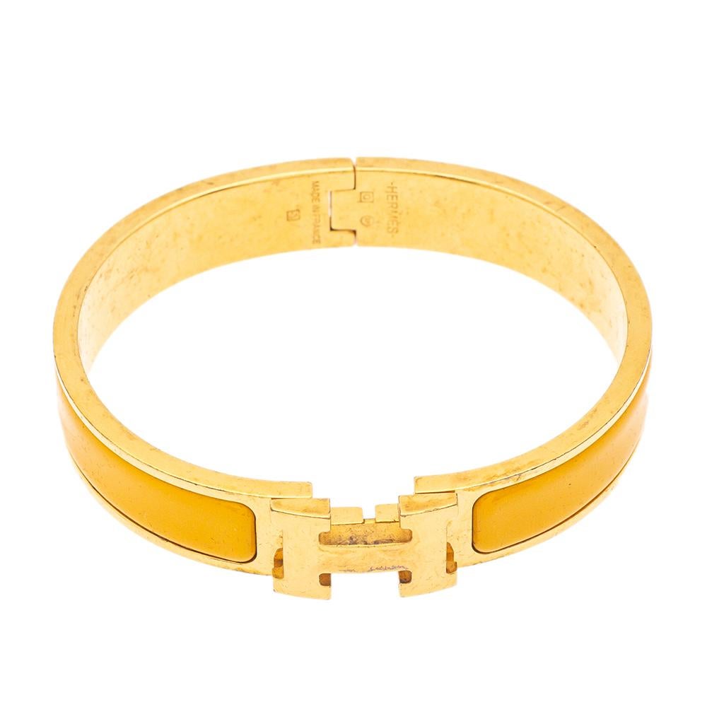 Women's Hermès Clic H Yellow Enamel Gold Plated Narrow Bracelet PM