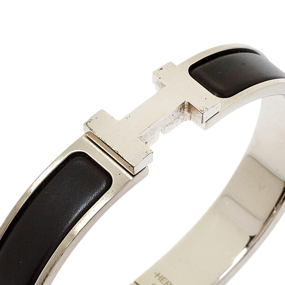 Contemporary Hermès Clic HH Black Enamel Brushed Palladium Plated Bracelet