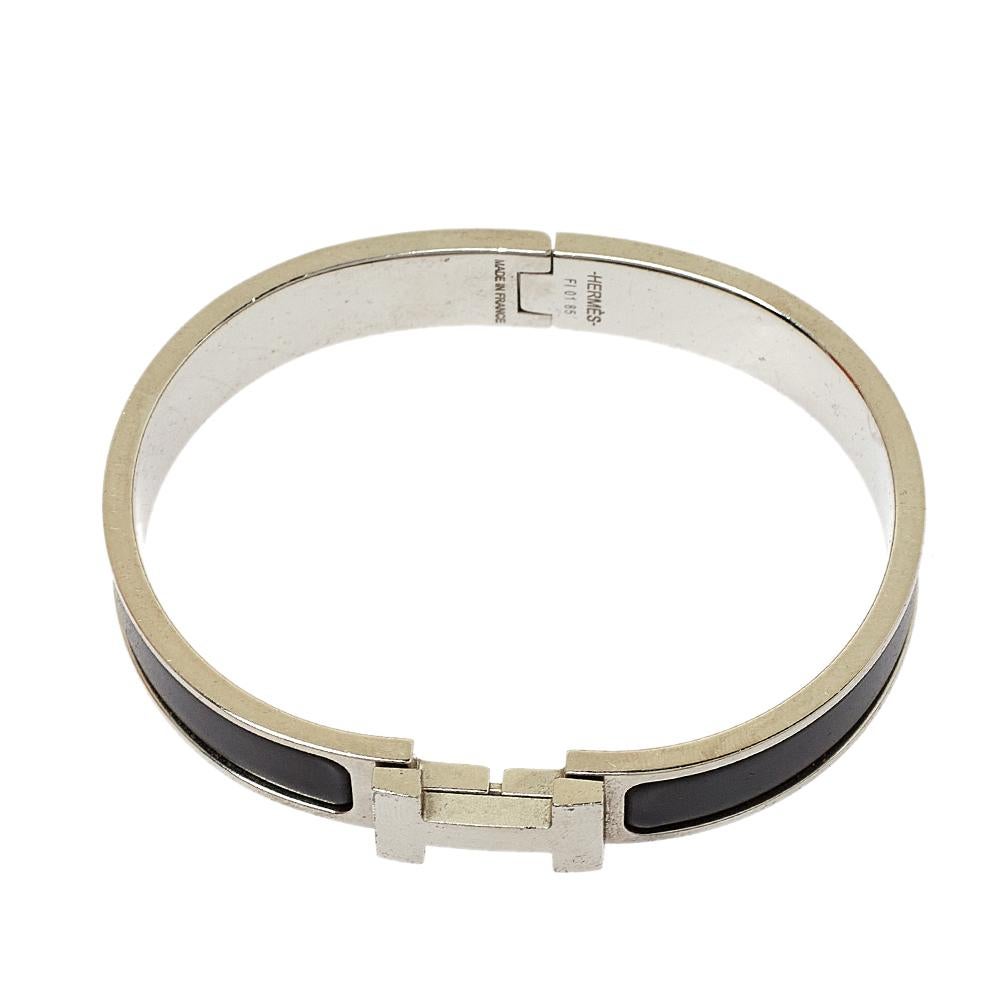 Men's Hermès Clic HH Black Enamel Brushed Palladium Plated Bracelet