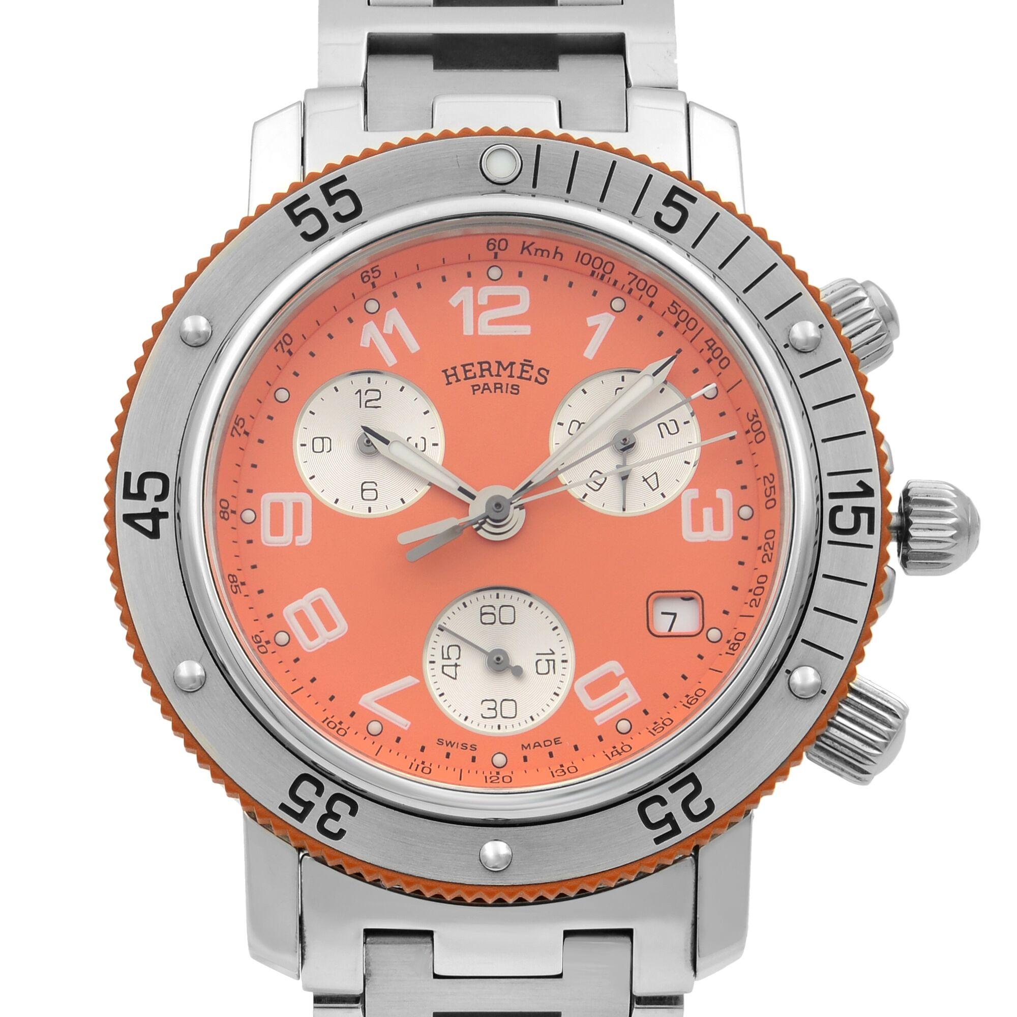 This pre-owned Hermes Clipper CL2.916 is a beautiful men's timepiece that is powered by quartz (battery) movement which is cased in a stainless steel case. It has a round shape face, chronograph, chronograph hand, date indicator, small seconds
