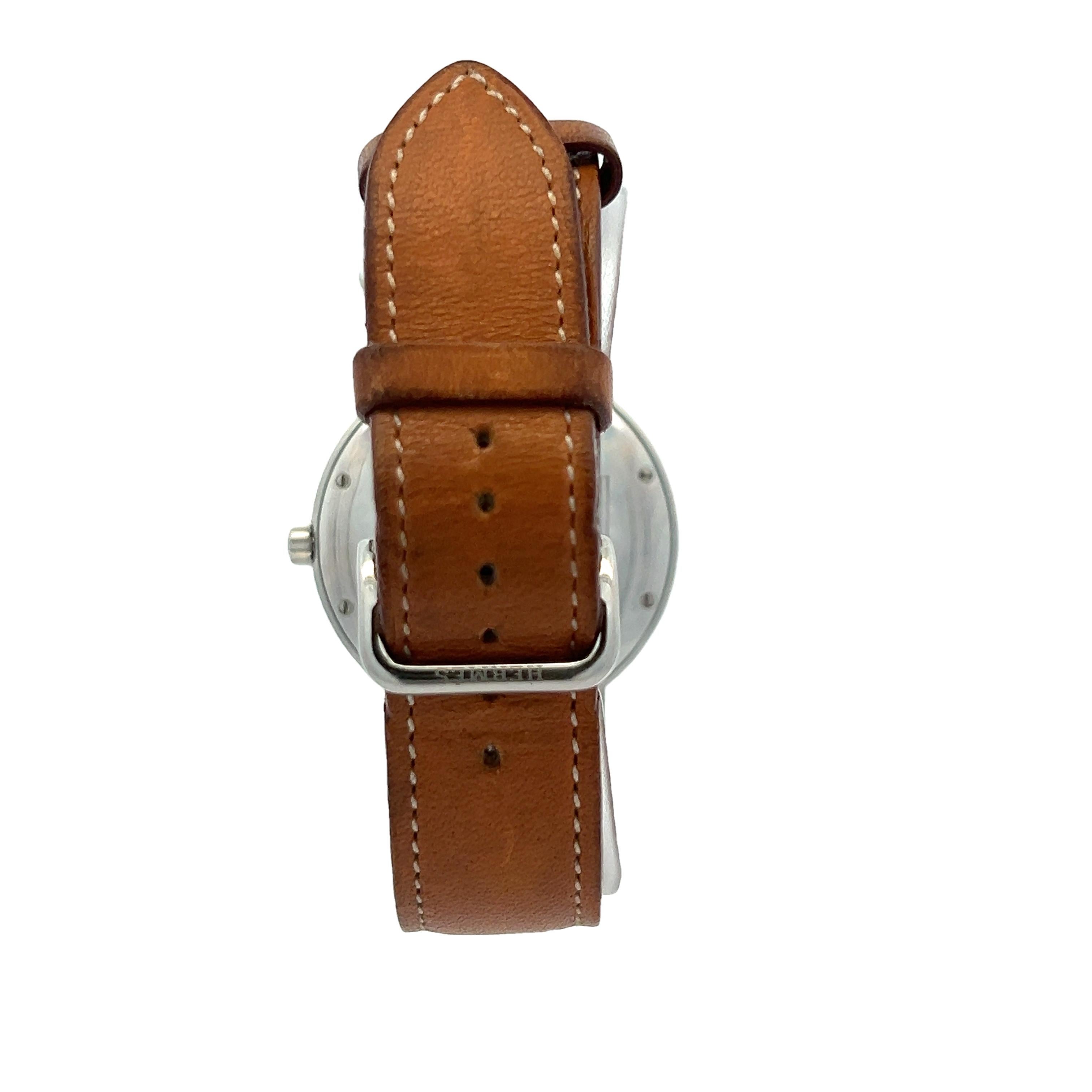 Contemporary Hermès Clipper Stainless Steel Watch with Barenia Leather Strap – Roman Dial For Sale
