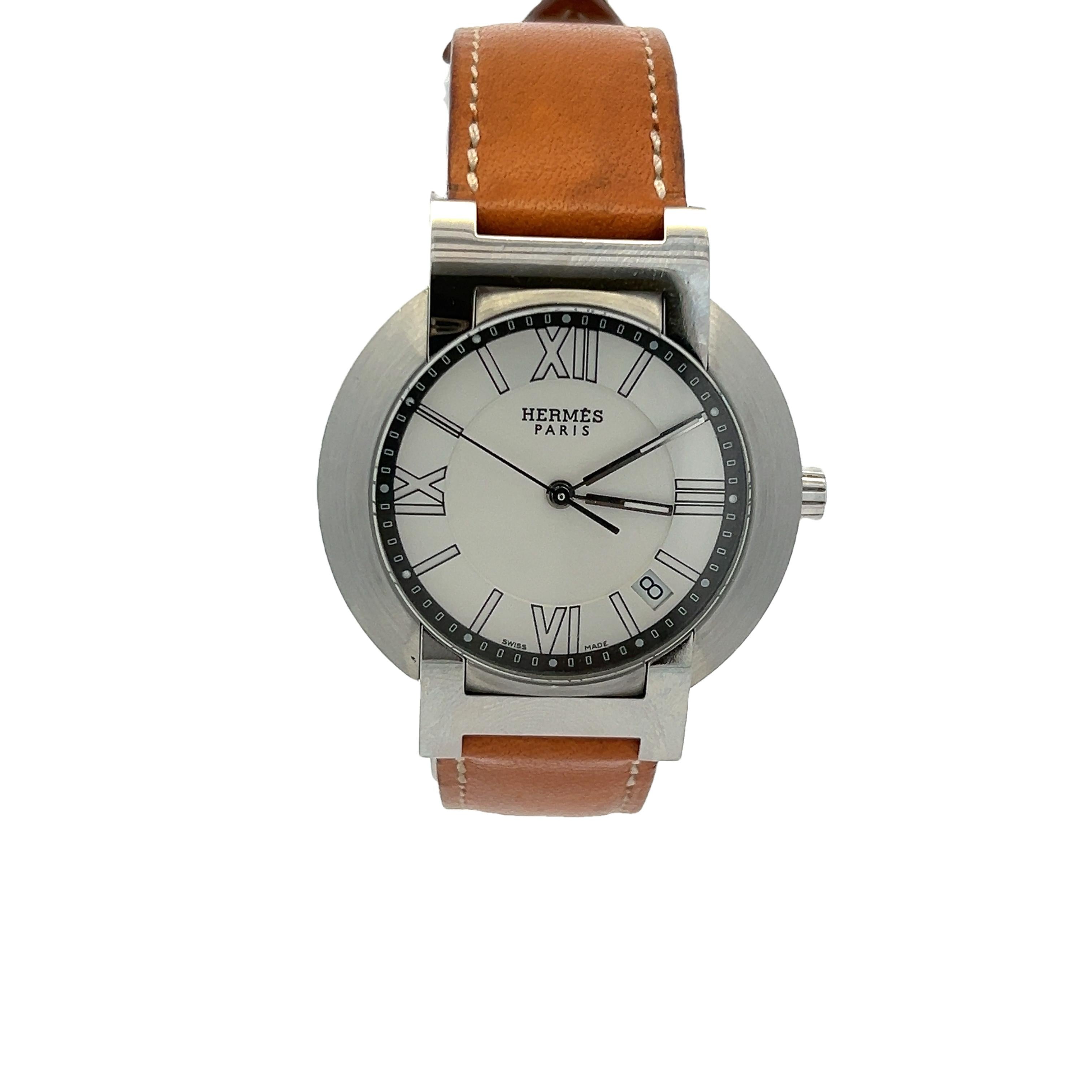 Hermès Clipper Stainless Steel Watch with Barenia Leather Strap – Roman Dial In Excellent Condition For Sale In Miami, FL