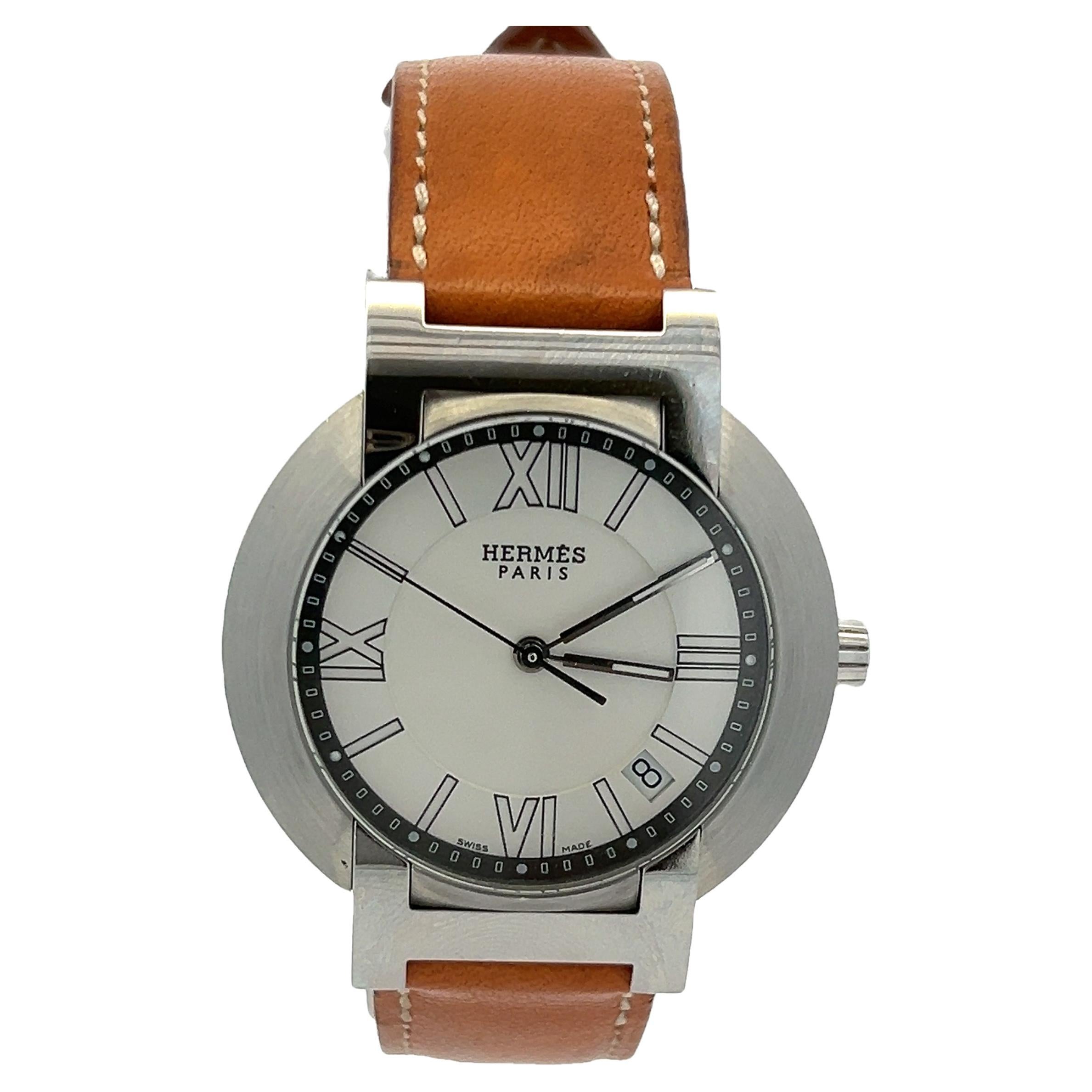 Hermès Clipper Stainless Steel Watch with Barenia Leather Strap – Roman Dial For Sale