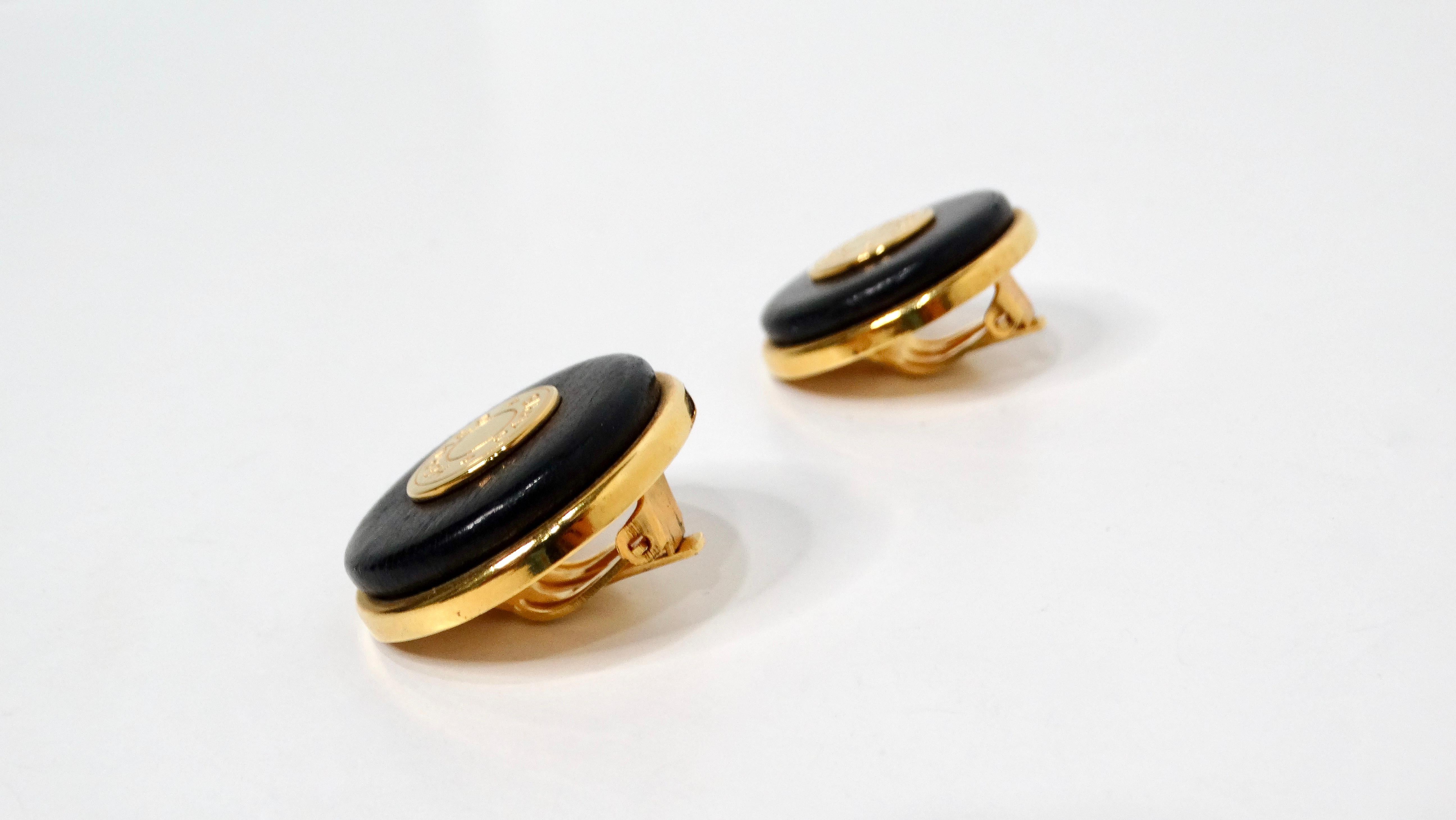 Hermes Clou de Selle Black Leather & Gold Tone Clip-On Earrings In Good Condition For Sale In Scottsdale, AZ