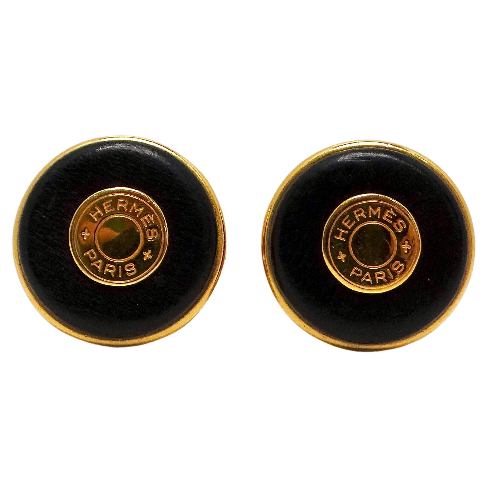 Hermes Clou de Selle Black Leather & Gold Tone Clip-On Earrings For Sale